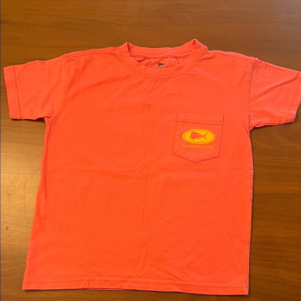 Southern Lure Boys YS Orange Fish Dog Graphic Logo Pocket Crew Neck T-Shirt